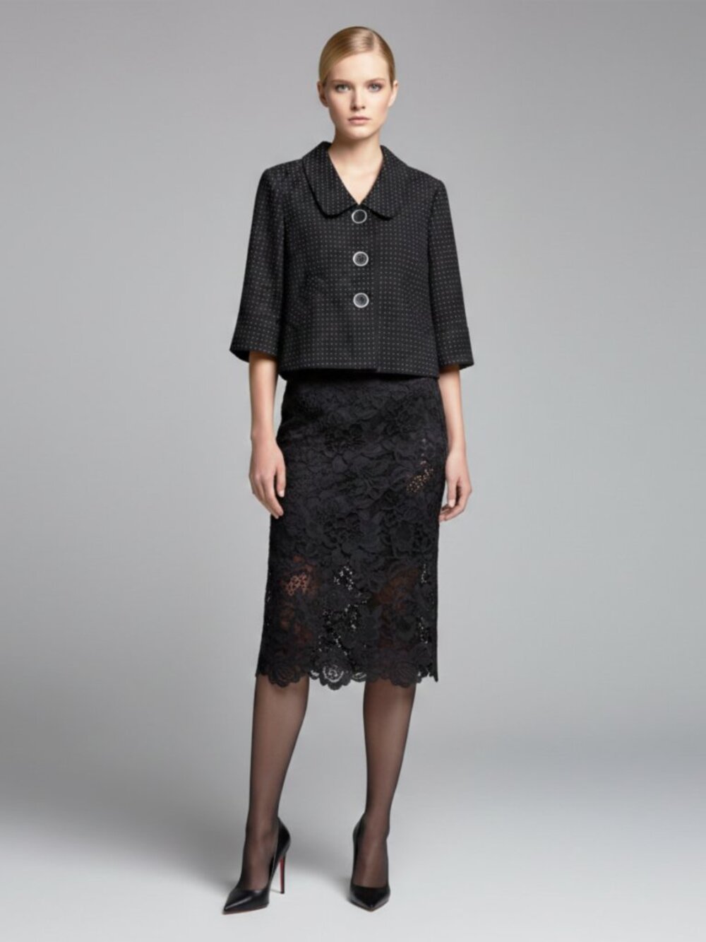 Black Polka Dot Cropped Jacket French Couture Style - Picture 3 of 9